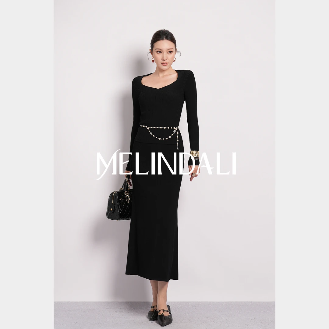 Melinda Li【天鹅套】优雅气质显瘦曲珠纱长袖针织衫上衣半裙套装