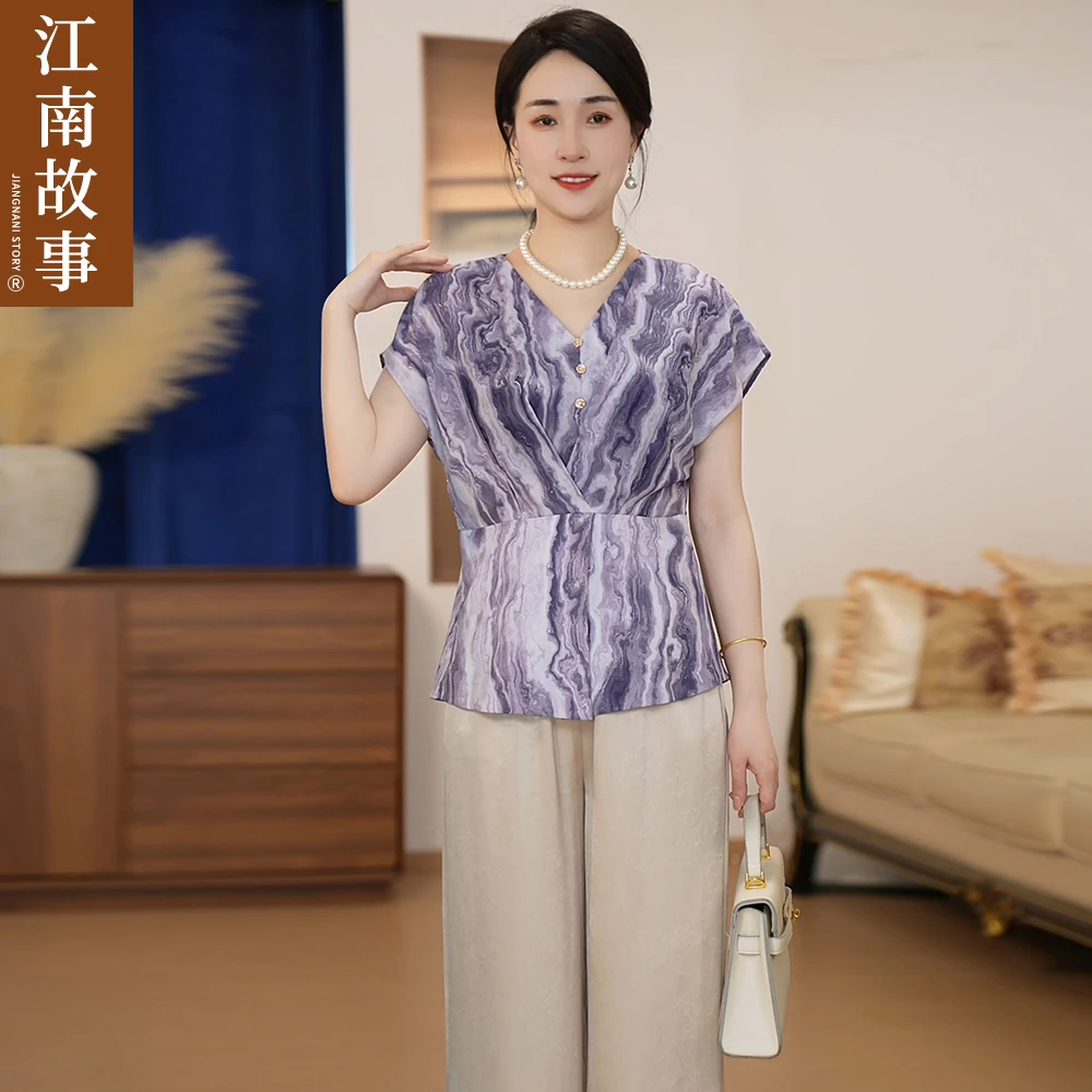 江南故事妈妈装洋气时尚纹理小衫套装夏季复古气质中式显瘦两件套