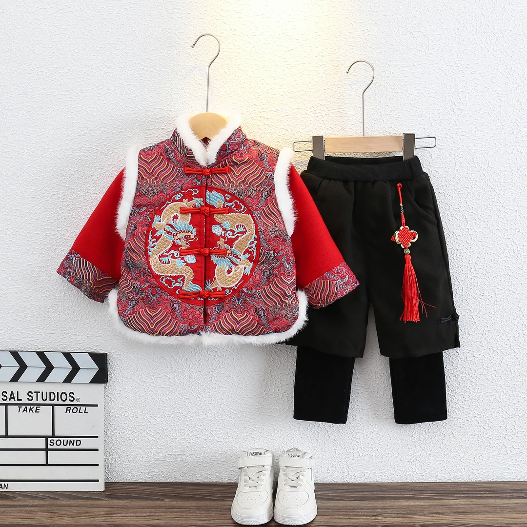 汉服男童冬款中国风儿童唐装拜年服蛇年套装冬季男孩过年喜庆衣服