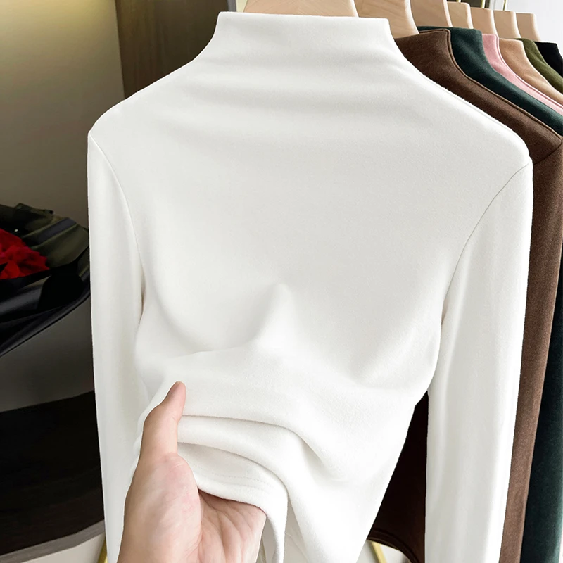 白色德绒半高领打底衫女秋冬配大衣内搭磨毛长袖T恤洋气百搭上衣
