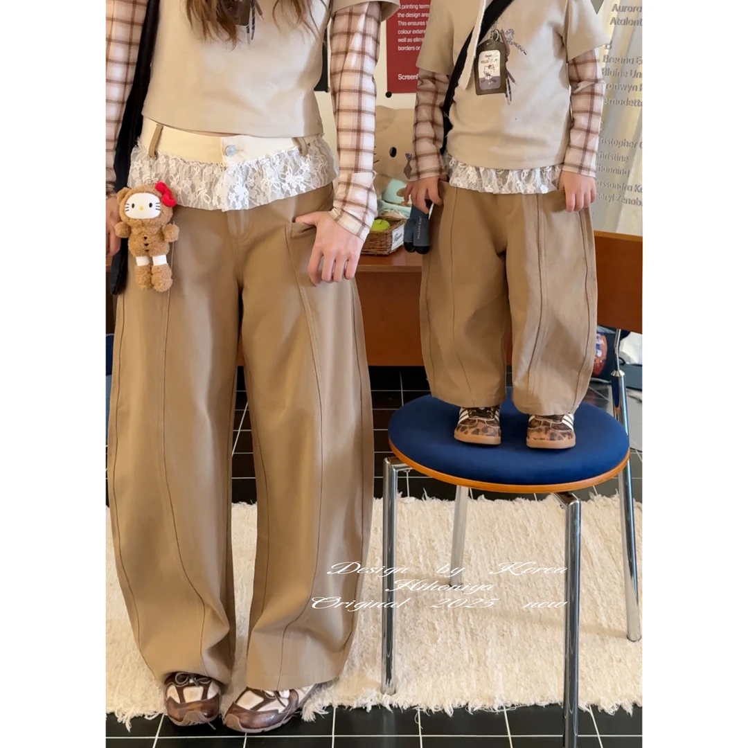 【银杏落叶】二Hihoniya~2025秋季亲子蕾丝拼接卡其慵懒显瘦弯裤