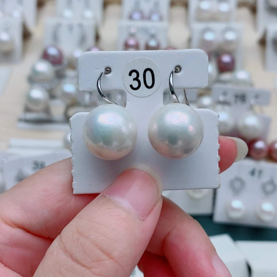 银S925镶嵌耳饰淡水珍珠13mm