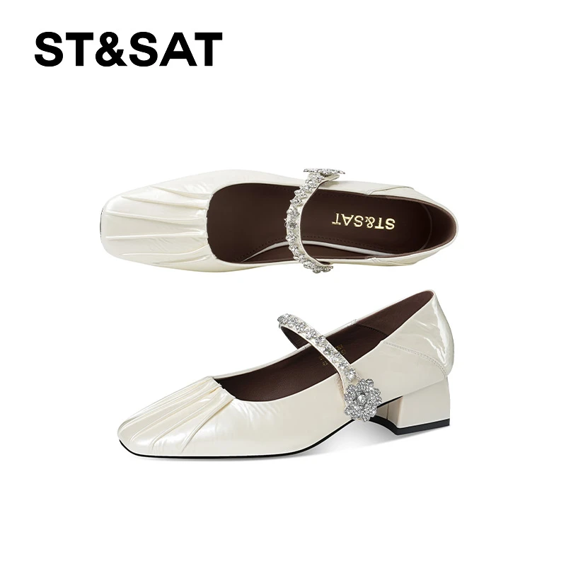 St&Sat/星期六百搭中跟春牛皮时尚春季复古单鞋方头法式玛丽珍鞋