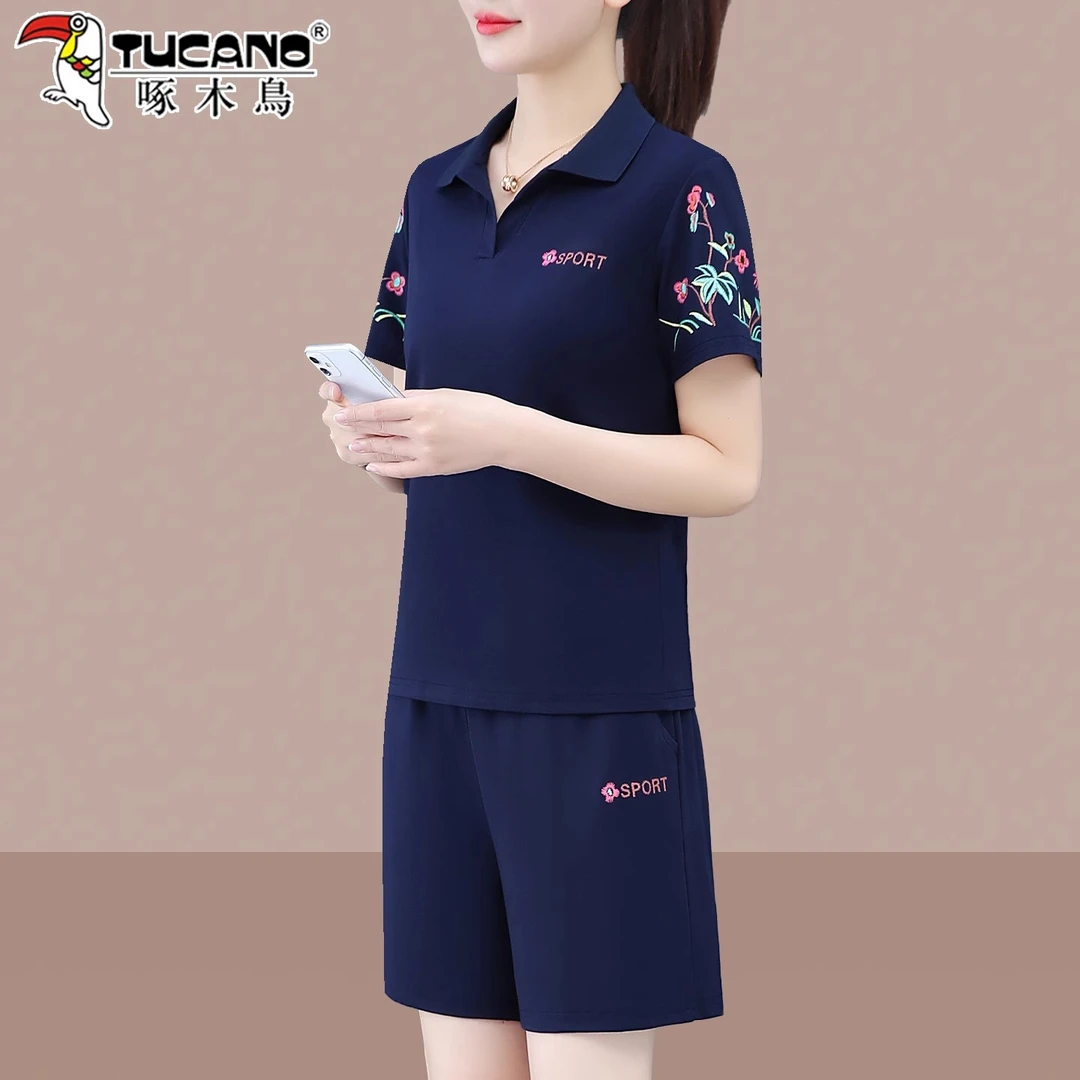 【官方】啄木鸟冰丝短裤运动套装女2025新款夏季洋气翻领跑步两件套