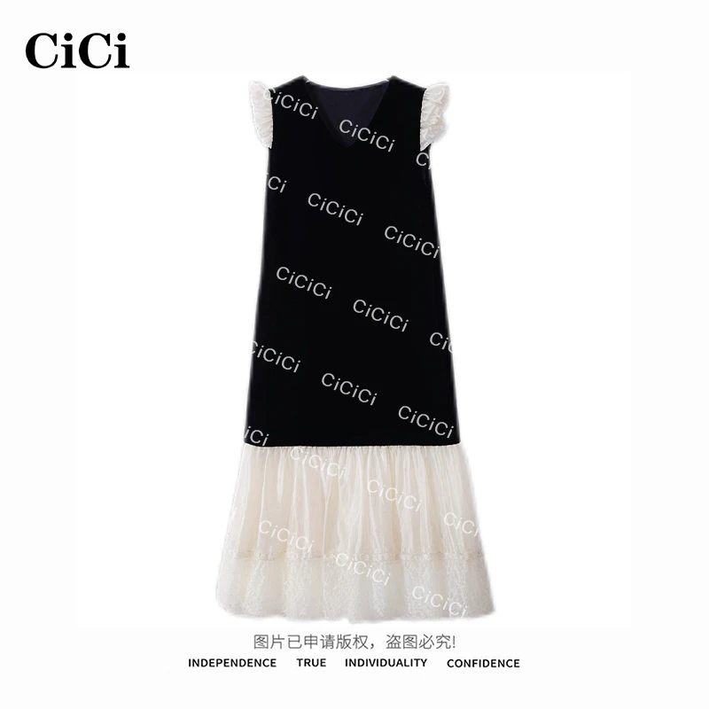 【CiCi酱】夏季法式设计感V领拼接蕾丝飞飞袖真丝丝绒连衣裙 04062