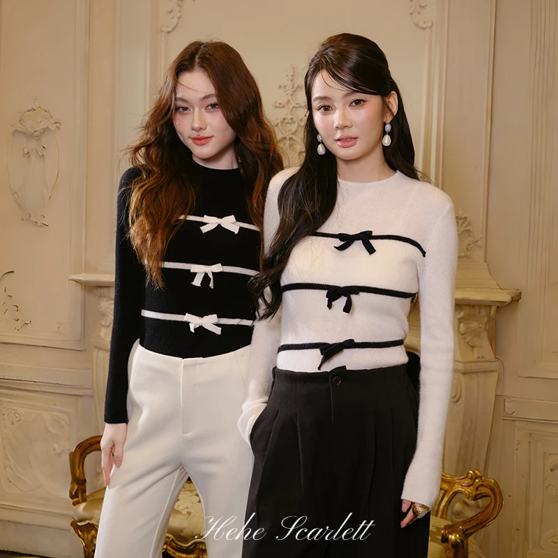 【11/1】专属礼物 立体蝴蝶结天丝山羊绒绵羊毛香风修身毛衣针织衫