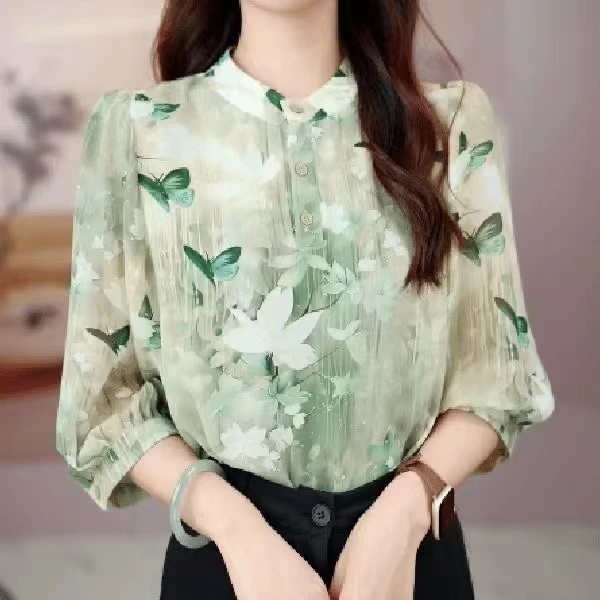 2025新款印花七分袖夏季女士花色套头衬衫上衣复古高质感穿搭2523