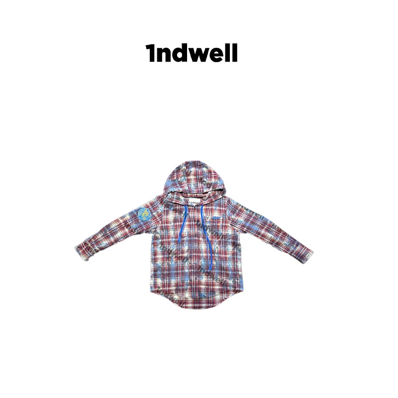 1ndwell 慵懒廓形美式格纹连帽衬衫