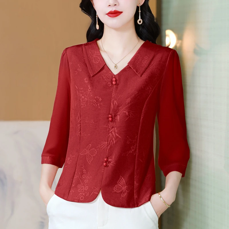 七分袖翻领衬衫女新中式国风上衣高档减龄洋气妈妈装百搭显瘦小衫