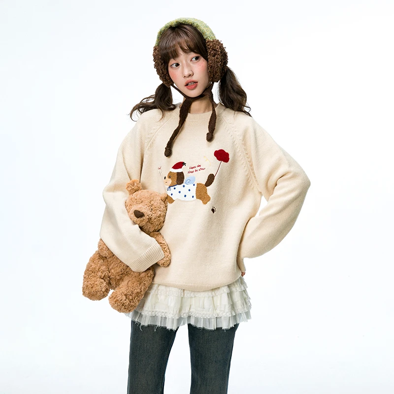 初中生秋季新款女大童刺绣毛衣百搭圆领宽松针织上衣C25CM1228D