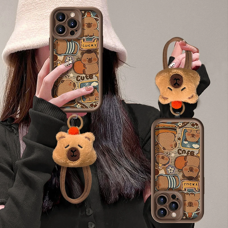 可爱卡皮巴拉挂绳适用苹果16PRO手机壳15全包软硅胶14小羊皮13/12