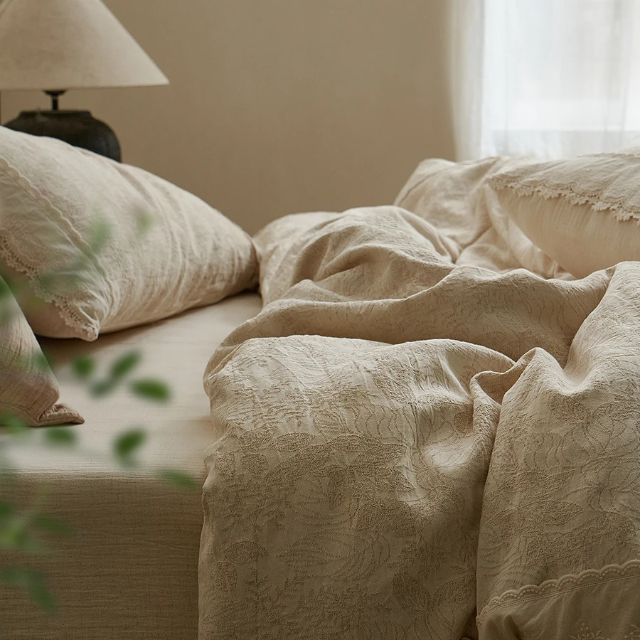 A类亚麻棉麻四件套提花床单被套小花边被罩被单高级感简约