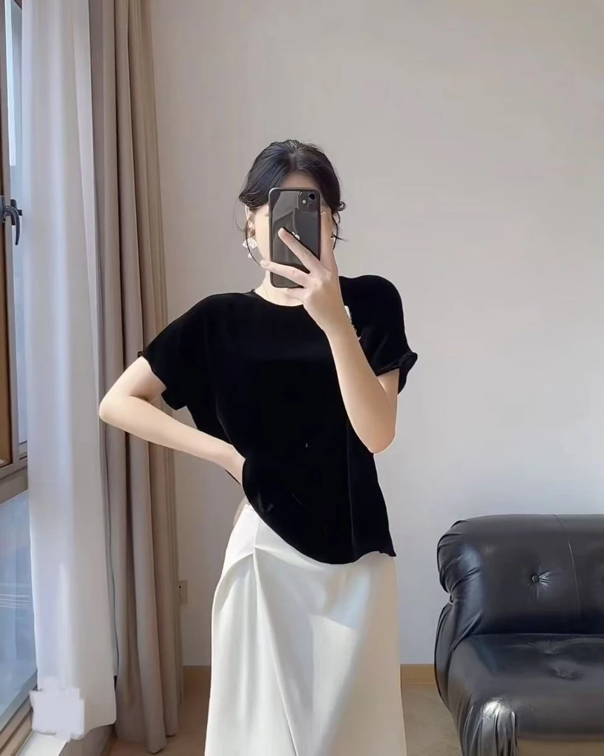 【高奢•墨雪】NN1178-时尚T恤显瘦气质百搭黑色开叉不规则