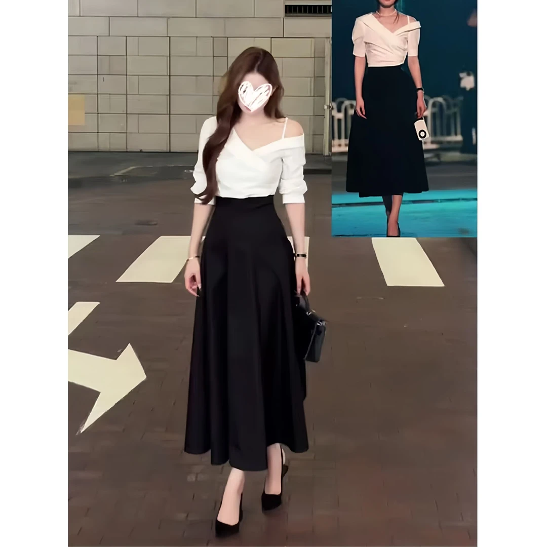 新款大码轻熟法式通勤气质显瘦白衬衫上衣高腰赫本风半身裙套装