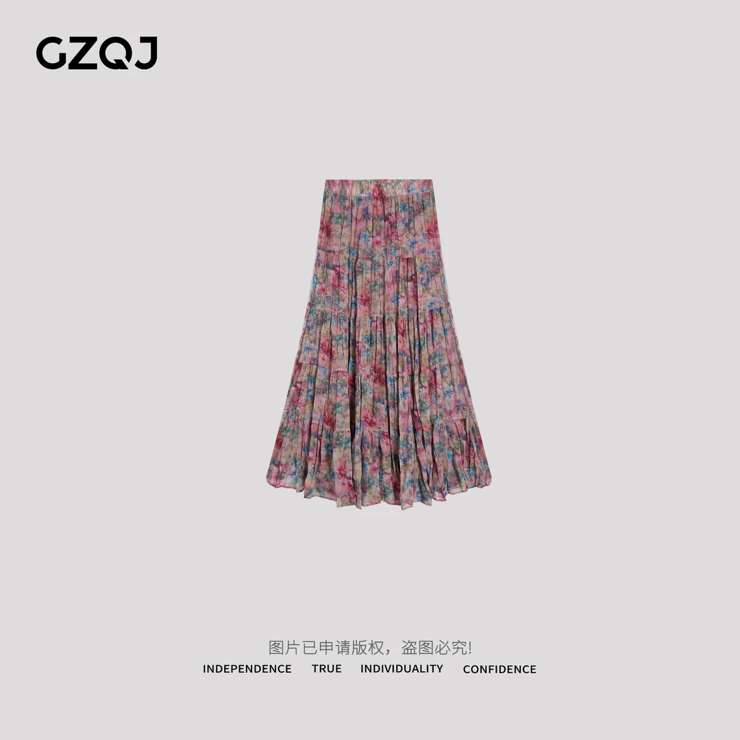广州琴姐【莫奈花园】欧若风时尚碎花A字百褶高腰半身裙女夏季0790