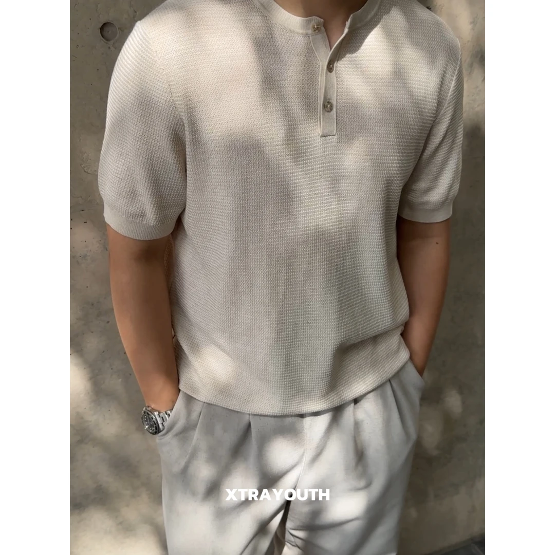 察外XY【桑蚕丝亨利】亨利领T恤花卉针织短袖透气醋酸