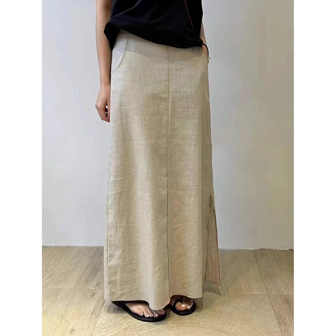 韩系高腰显瘦a字长裙夏季薄款亚麻设计垂感气质直筒开叉半身裙女