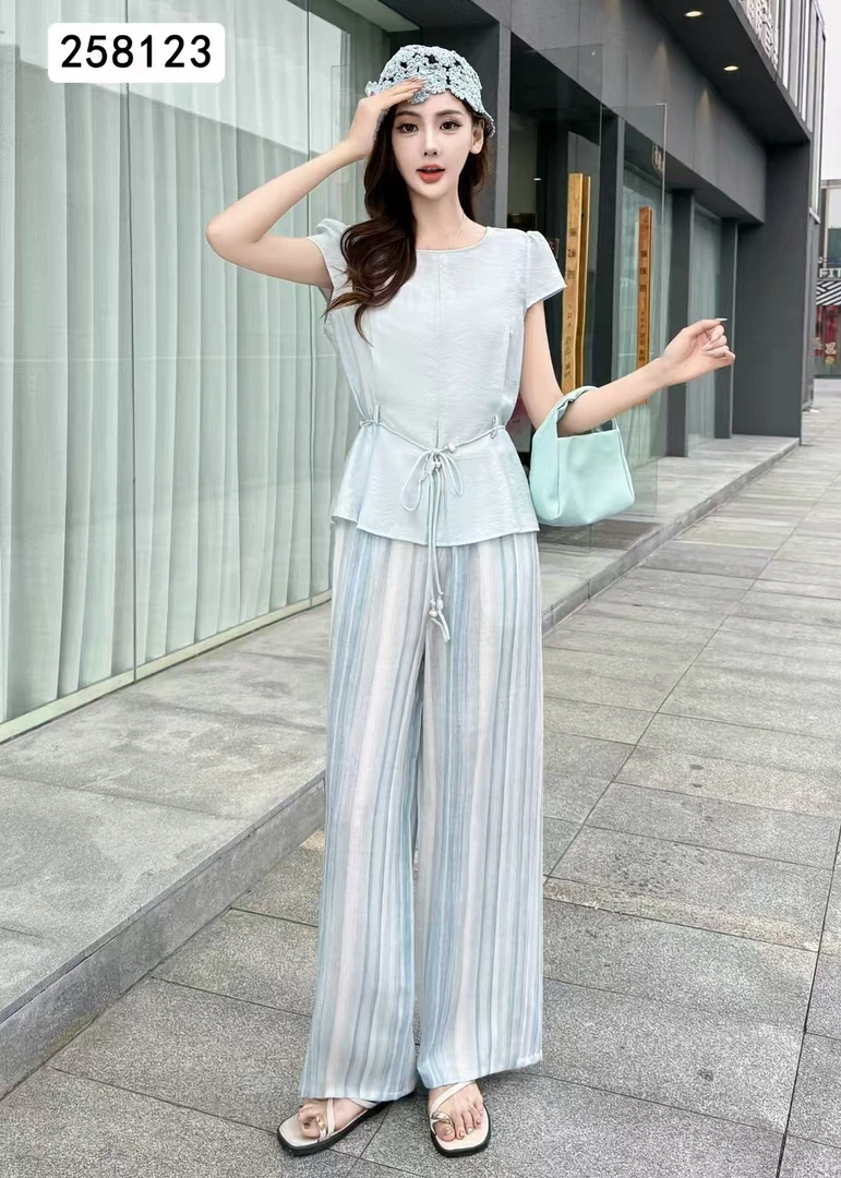 2025新款韩版时尚百搭显瘦短袖上衣配条纹阔腿裤套装HJ-1998