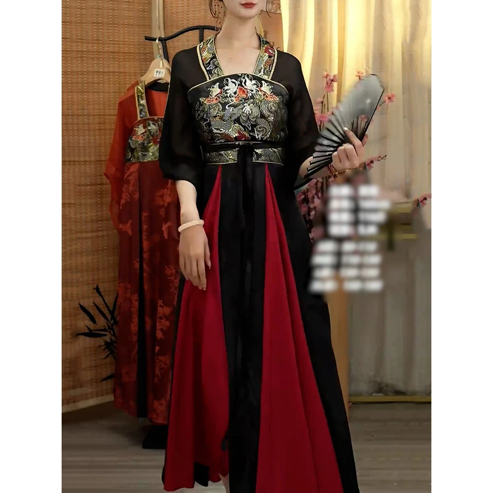 中国风撞色仙气改良汉服连衣裙女2025夏季新款时尚收腰复古A字裙