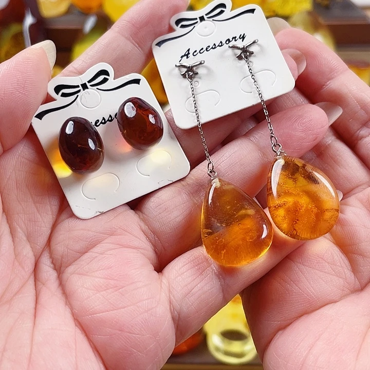 琥珀银S925镶嵌裸石耳钉