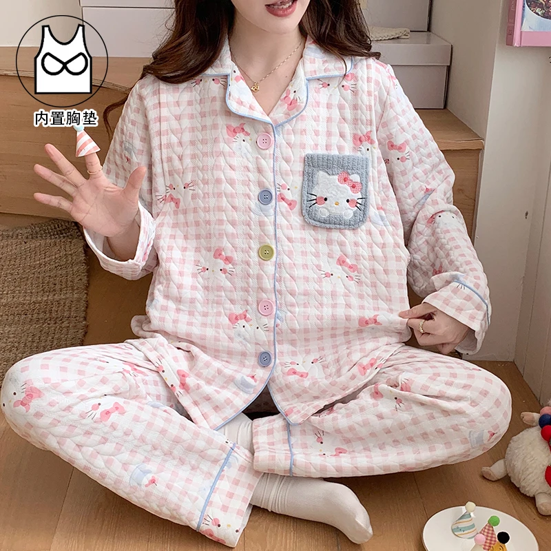 大码带胸垫空气棉月子服秋冬孕产妇睡衣加厚产后哺乳家居服可外穿