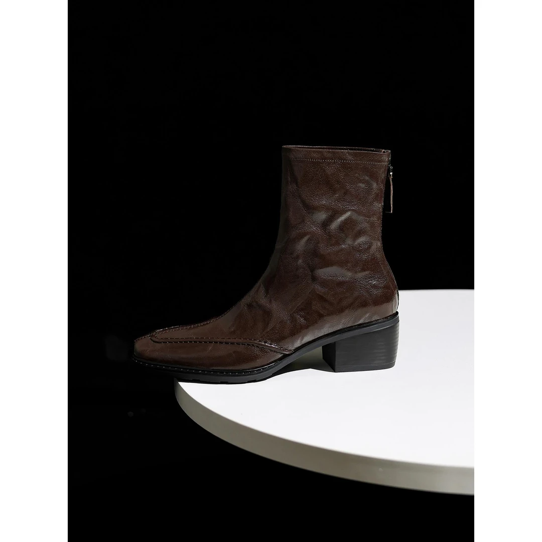 手工真皮~店主强推~复古方头中粗跟切尔西短靴女后拉链新款时装靴