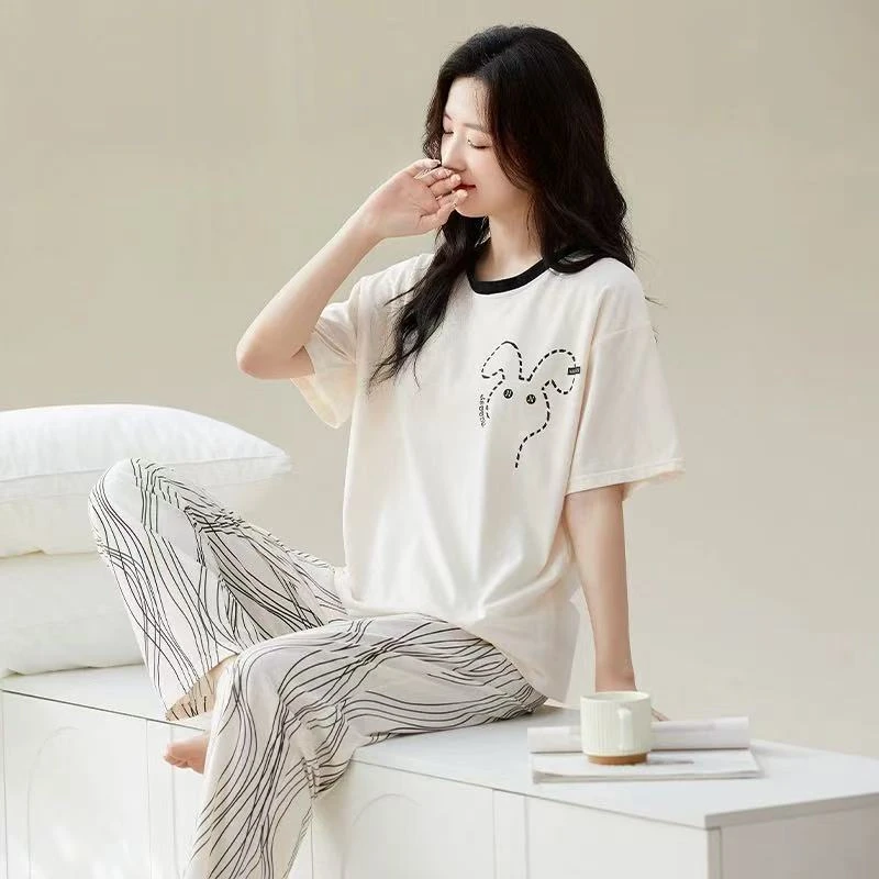 120-夏季新款黑线条小兔带胸垫短袖长裤套装