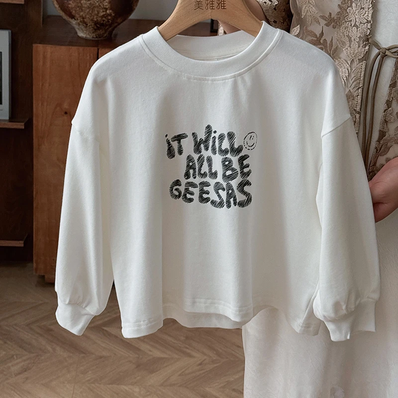 《春上新》韩版春装字母印花长袖T恤男女童24QT274洋气质感打底衫潮