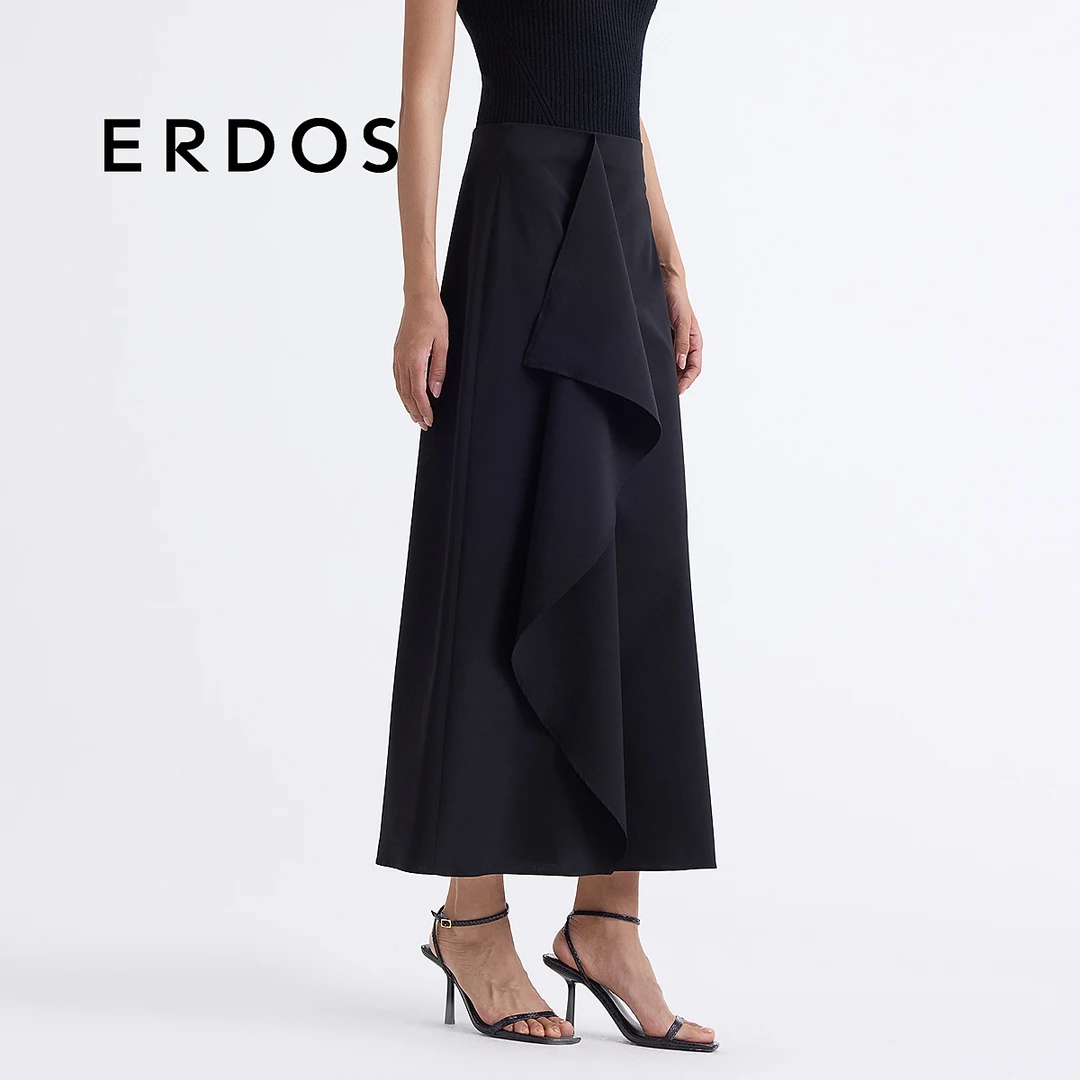 ERDOS 黑色羊毛混纺半身裙女25年春新品职场通勤围裹中长款A字裙