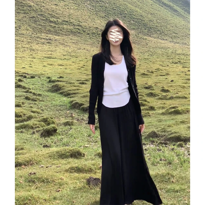 2025早秋新款女韩系穿搭修身百搭长袖针织开衫气质高腰显瘦半身裙