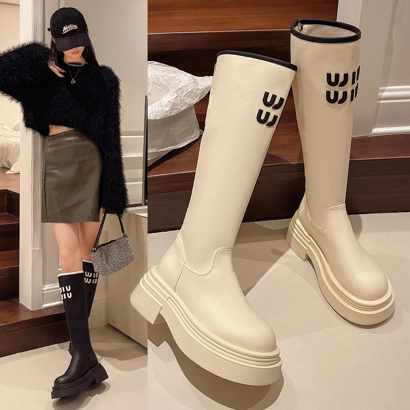 厚底粗跟显腿瘦不过膝长筒弹力靴女2025秋冬新款字母增高机车长靴