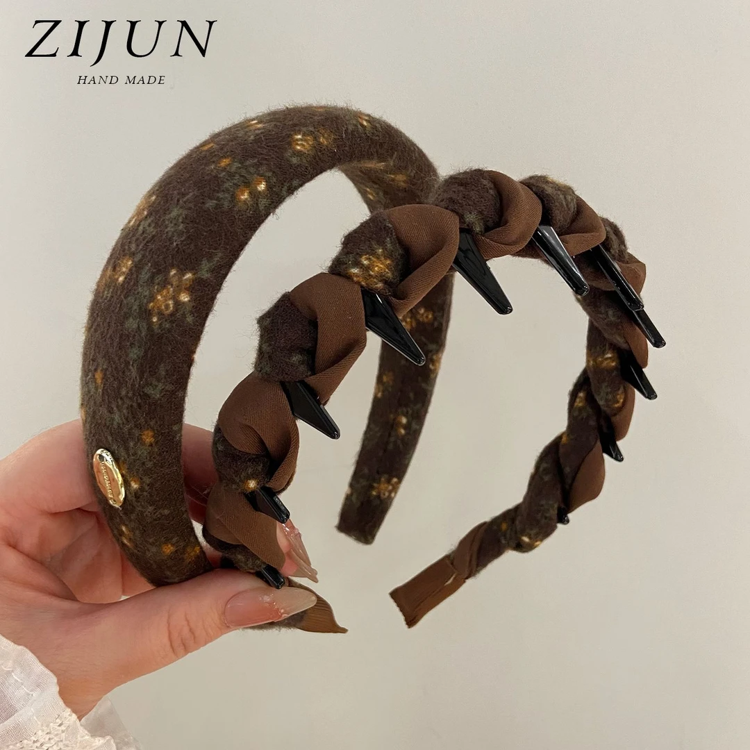 秋冬磨毛咖色碎花发箍女宽边带齿防滑外戴发卡发捆高颅顶时尚头箍