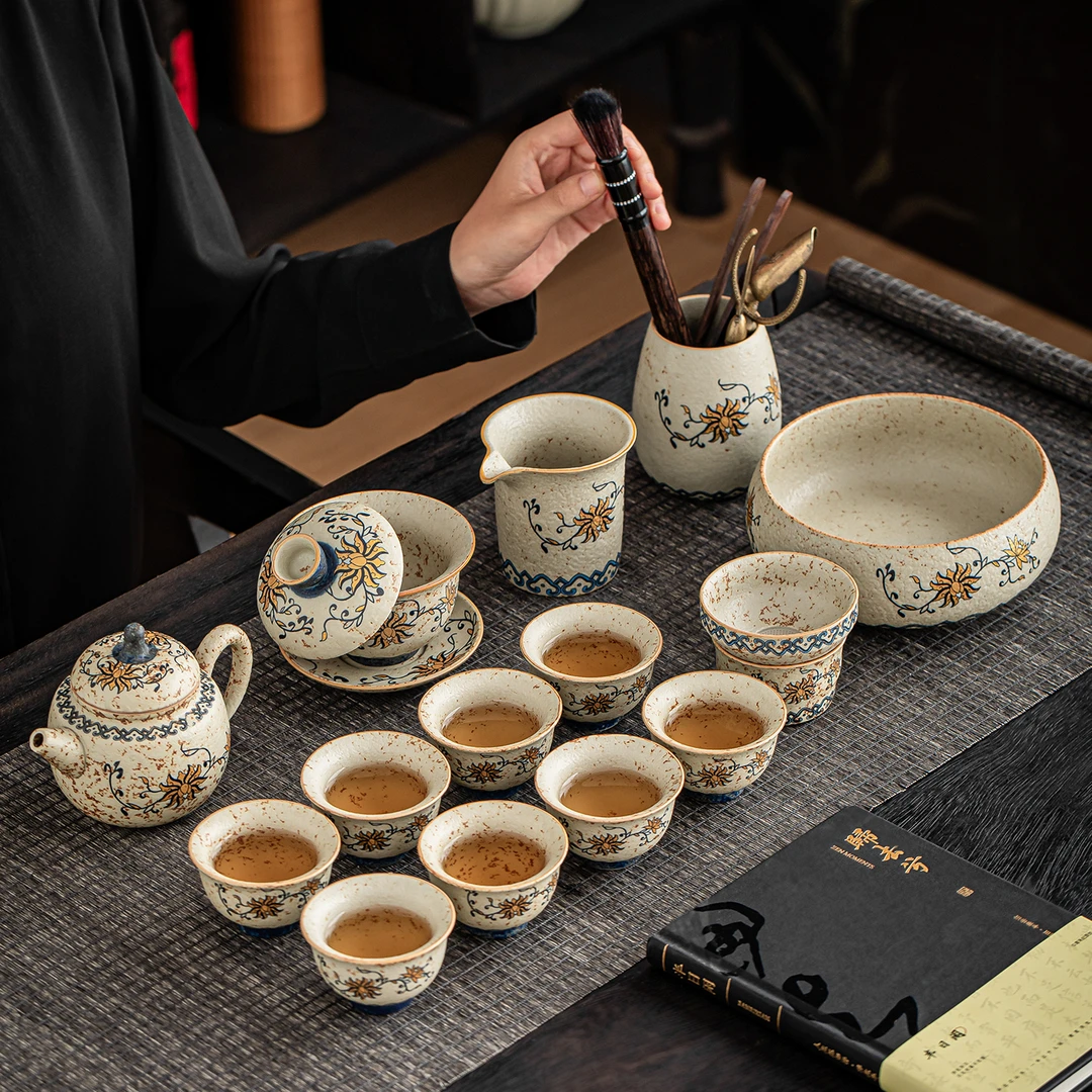 火石红粗陶缠枝莲功夫茶具套装高档礼盒装家用待客送领导长辈茶具