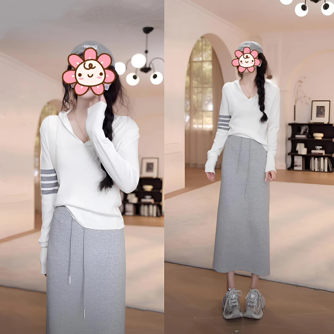 韩系穿搭一整套女装2025春季新款连帽针织衫+高腰卫裙休闲两件套