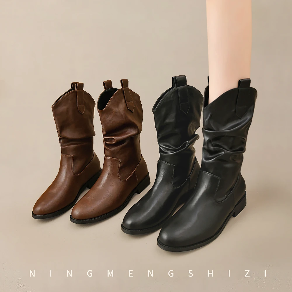 美拉德褶皱堆堆马丁靴2025秋冬新款复古尖头粗跟棕色法式短靴子