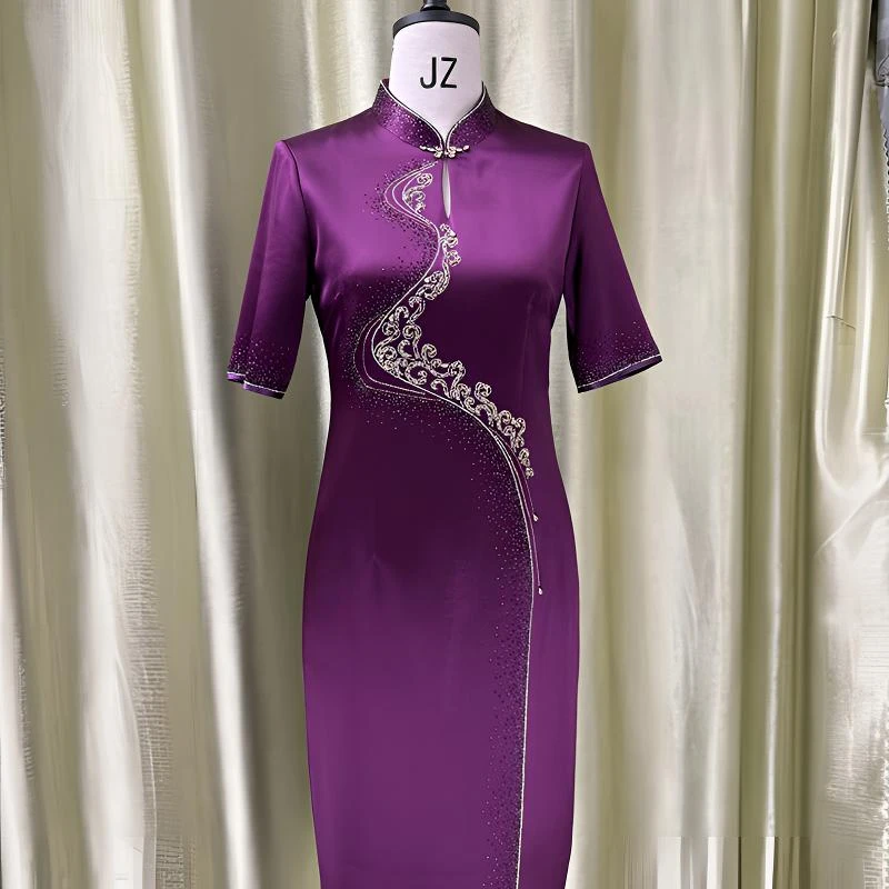 紫色高贵新中式刺绣婚宴裙中国风修身旗袍复古婚礼优雅宴会酒会服