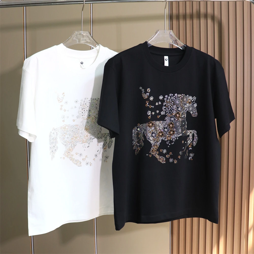 【大码男装】340斤穿欧洲站新款潮牌珠片亮片花H马个性时尚短袖T恤