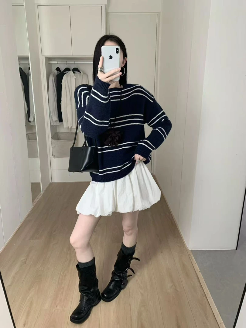 1韩系条纹针织衫套头宽松显瘦百搭长袖毛衣