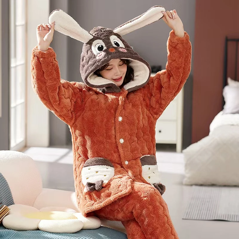 冬季新款法兰绒睡衣女士可爱外穿加厚大码珊瑚绒保暖家居服套装