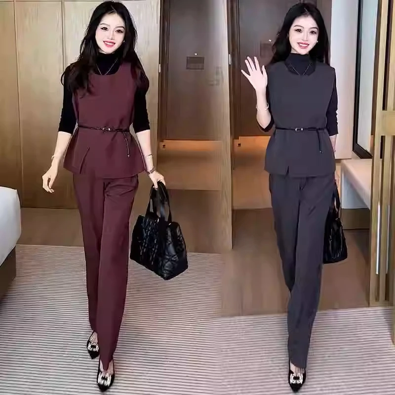 网红时尚套装女秋季时髦收腰显瘦西装马甲搭配打底衫阔腿裤两件套