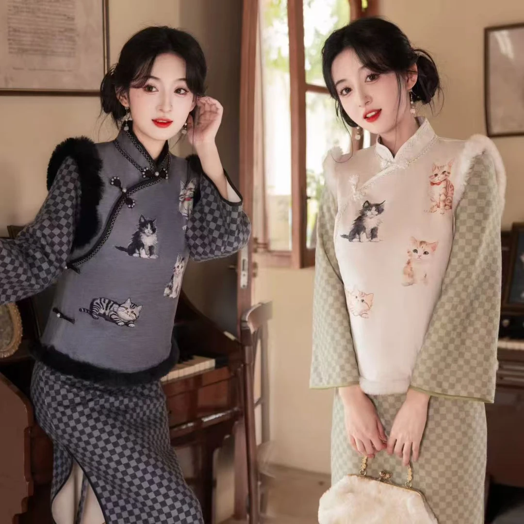 猫咪 2025秋冬新款日常长袖复古立领冬季旗袍