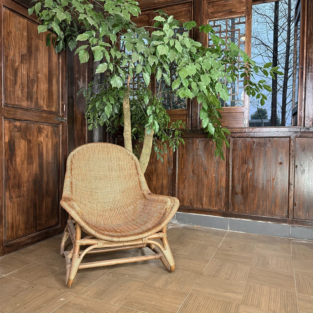 天然藤编侘寂风中古风靠背椅单人阳台编织沙发椅躺椅休闲胡桃色