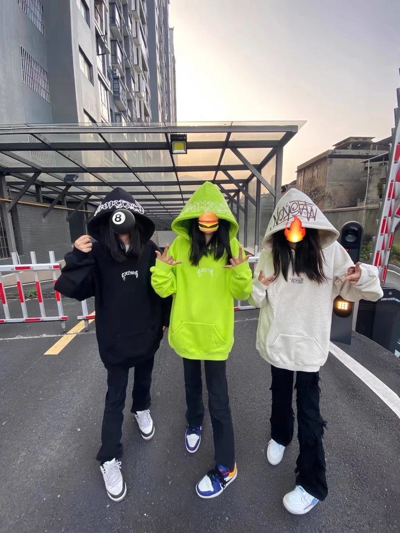 国潮牌美式oversize灰色卫衣女手写刺绣2024秋冬慵懒风情侣外套