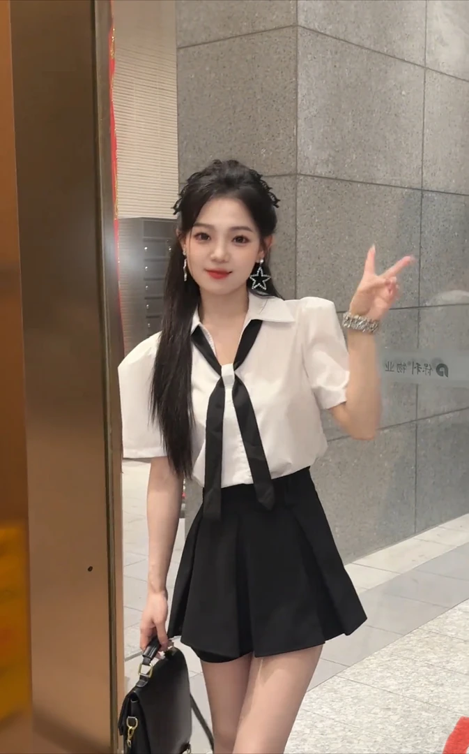 韩版宽松洋气休闲百搭短袖V领配领带灰色衬衫半身裙两件套套装