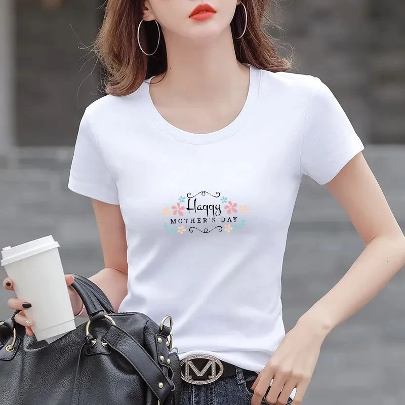 夏季新款白色棉短袖t恤女圆领修身印花百搭半袖体恤打底衫上衣