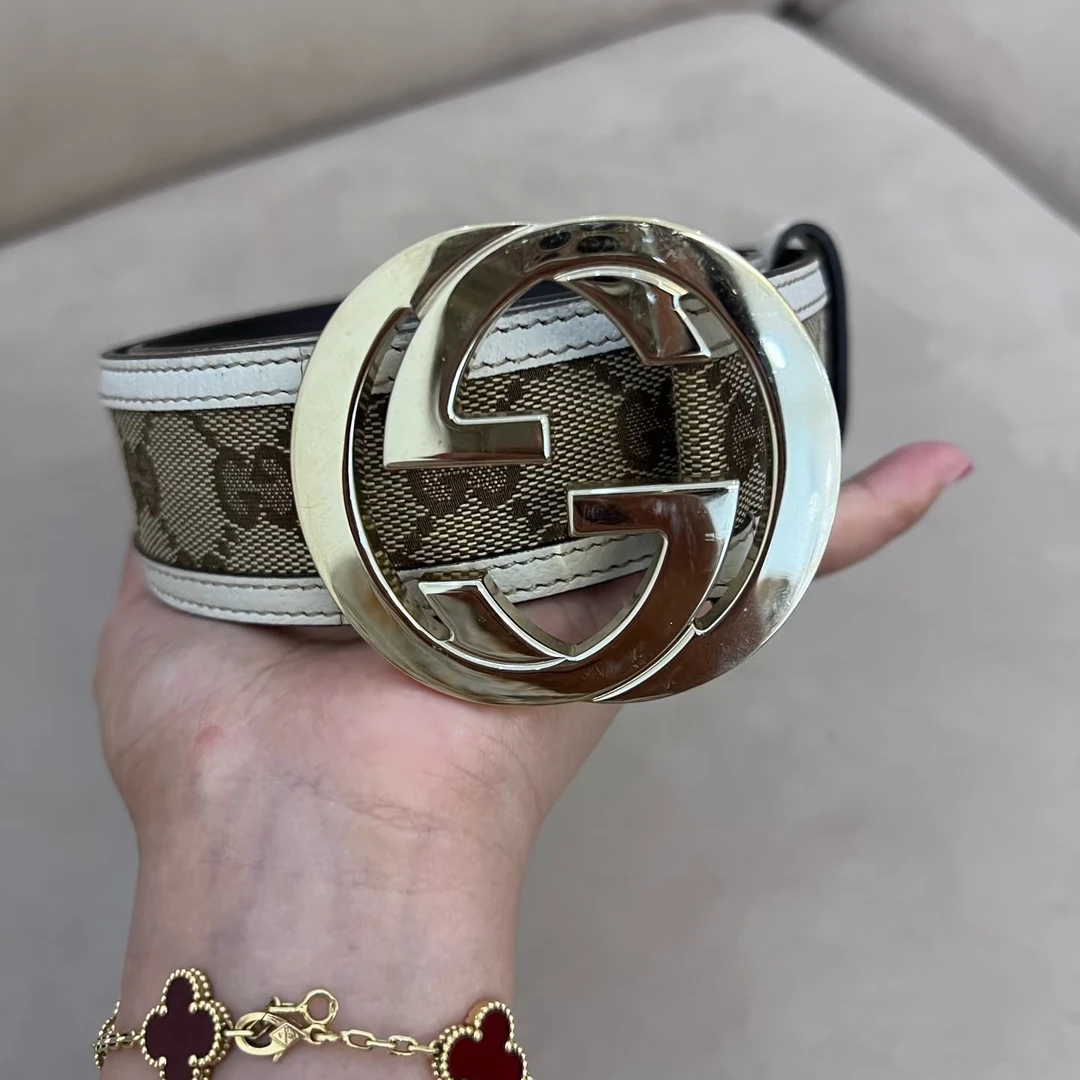 95新 GUCCI/古驰 gucci老花白皮腰带85码48418936