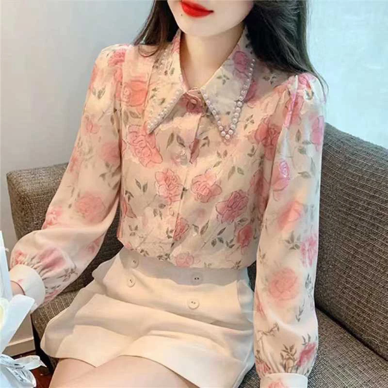 【运费补贴6-8】重工艺钉珠长袖设计感碎花泡泡袖洋气时尚上衣女