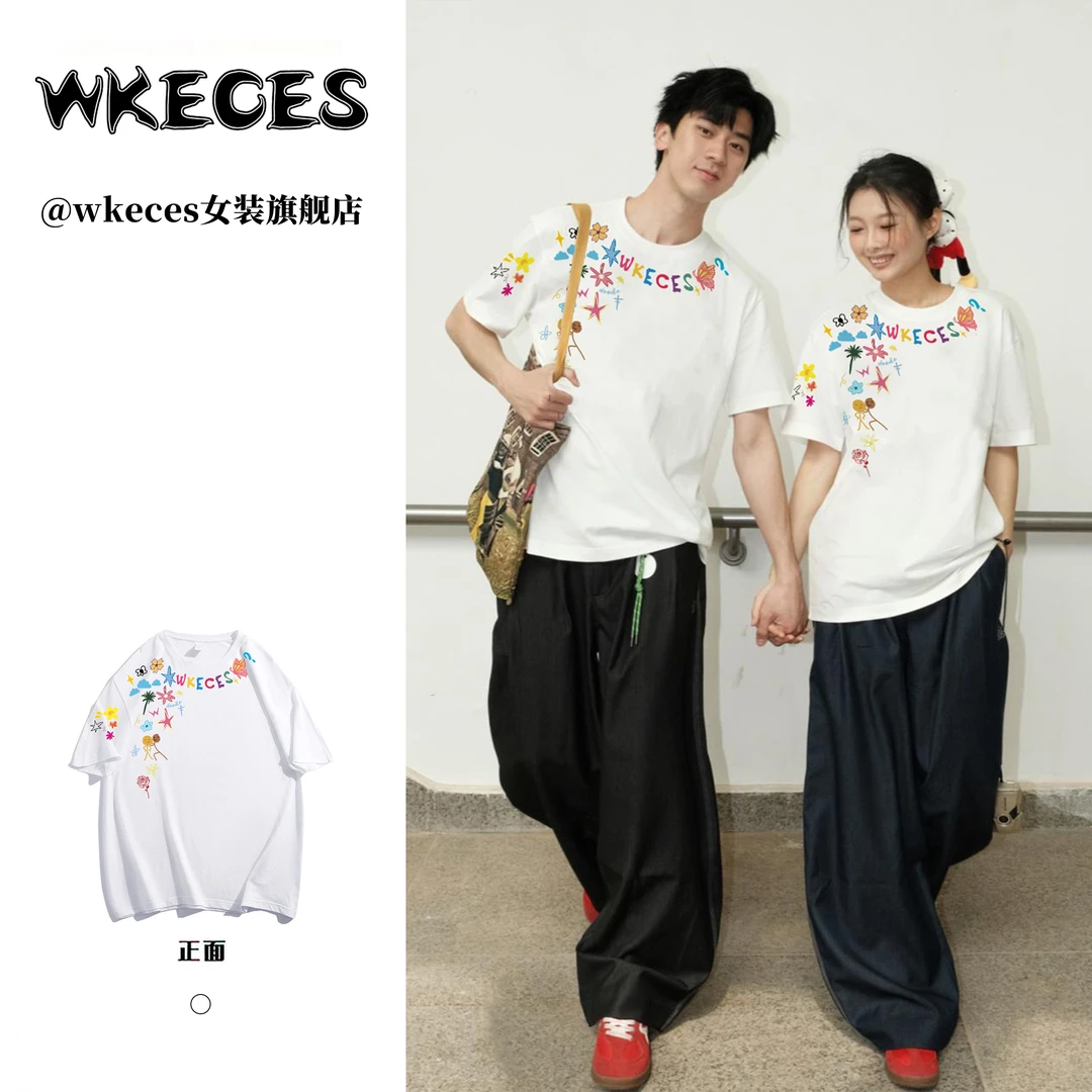 WKECES新款彩绘印花欧若风复古运动短袖T恤女夏纯棉宽松半袖上衣