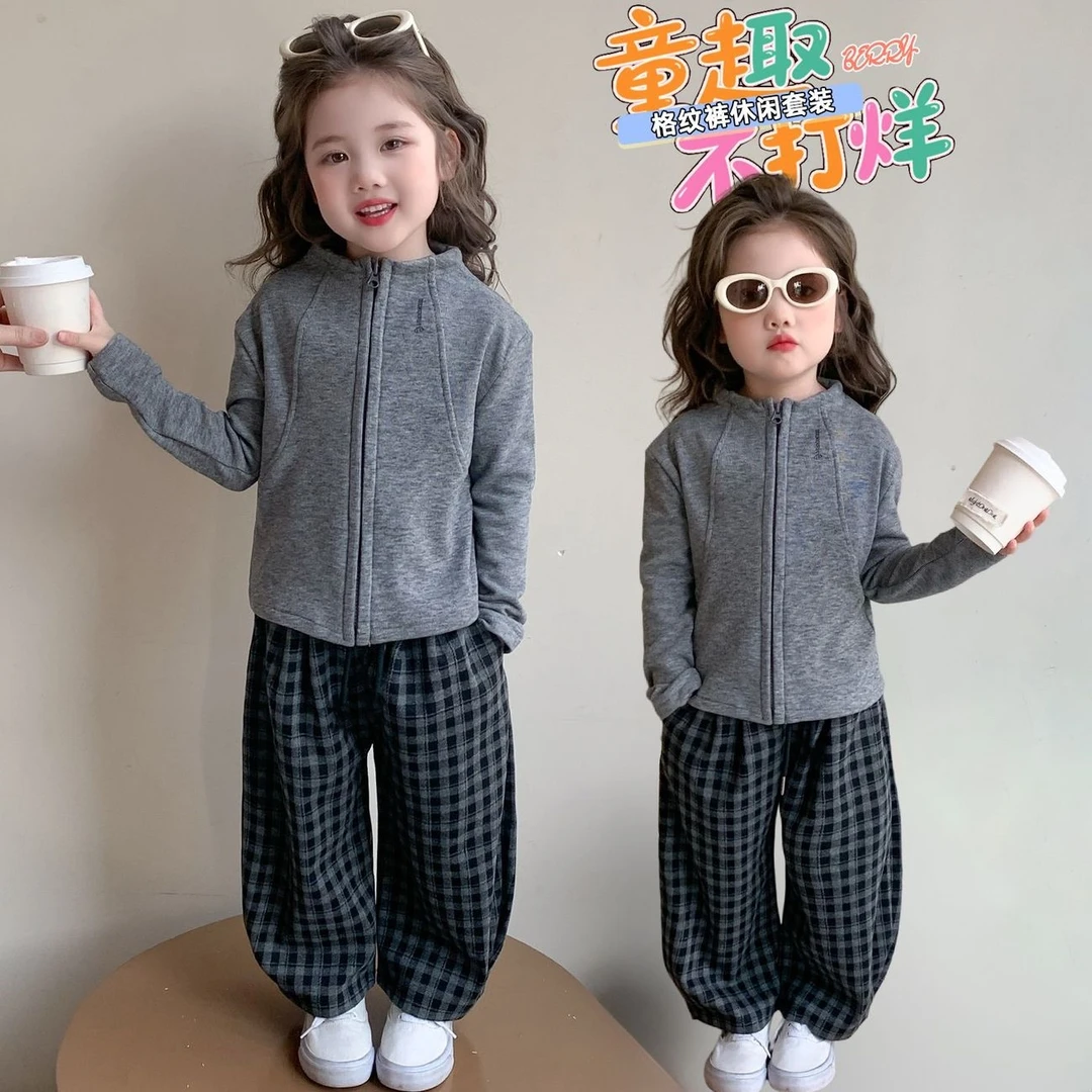 女童装春秋装套装2025新款中大儿童运动卫衣洋气格子条纹裤两件套