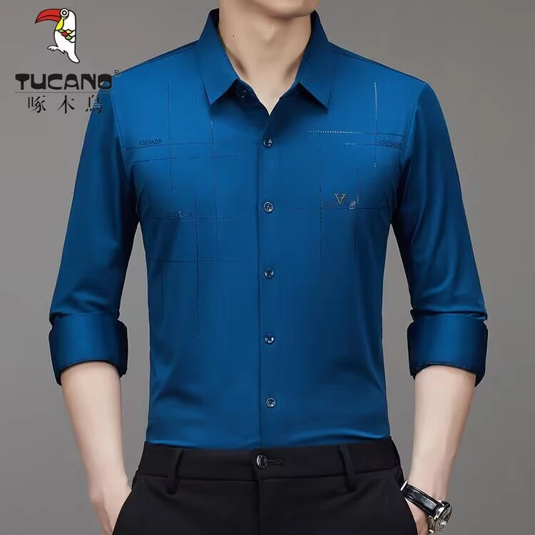 啄木鸟新品男士冰丝春夏长袖衬衫高档商务休闲无痕免烫弹力衬衣潮